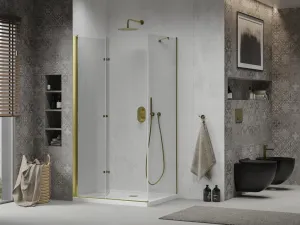MEXEN/S - Sprchovací kút zalamovací Lima 70x80, číre sklo, zlatý + vanička 856-070-080-50-00-4010