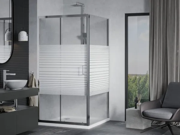 MEXEN/S - Apia sprchovací kút posuvný 90x90, sklo transparent / pruhy, chróm + vanička 840-090-090-01-20-4010
