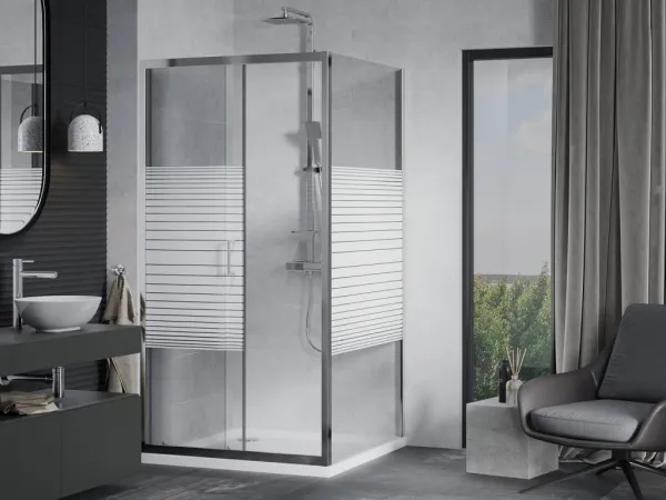 MEXEN/S - Apia sprchovací kút posuvný 90x90, sklo transparent / pruhy, chróm + vanička 840-090-090-01-20-4010