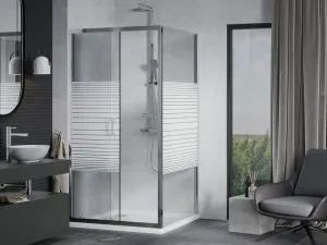 MEXEN/S - Apia sprchovací kút posuvný 90x90, sklo transparent / pruhy, chróm + vanička 840-090-090-01-20-4010