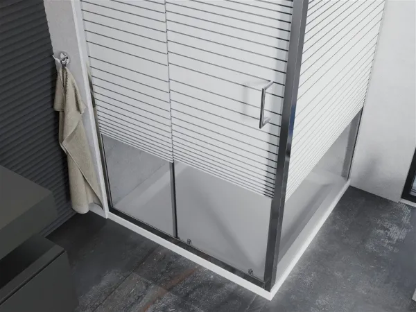 MEXEN/S - Apia sprchovací kút posuvný 90x90, sklo transparent / pruhy, chróm + vanička 840-090-090-01-20-4010