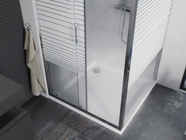 MEXEN/S - Apia sprchovací kút posuvný 90x90, sklo transparent / pruhy, chróm + vanička 840-090-090-01-20-4010