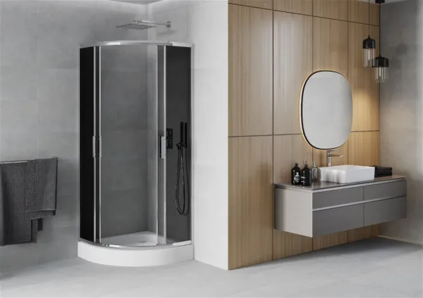 MEXEN/S - Rio štvrťkruhový sprchovací kút 90 x 90, grafit, chróm + vanička Rio 863-090-090-01-40-4710