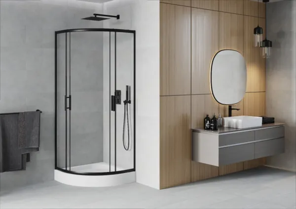MEXEN/S - Rio štvrťkruhový sprchovací kút 70 x 70, transparent, čierna + vanička Rio 863-070-070-70-00-4710