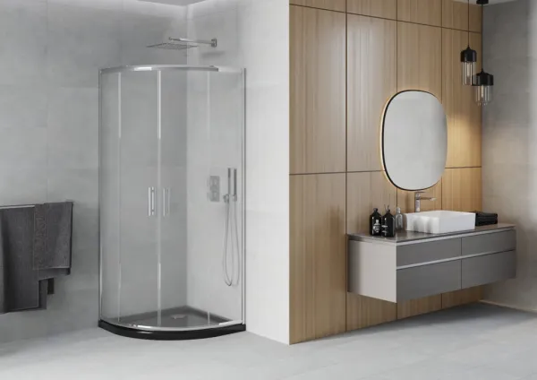 MEXEN/S - Rio štvrťkruhový sprchovací kút 80 x 80, mráz, chróm + vanička so sifónom Flat, čierny 863-080-080-01-30-4170