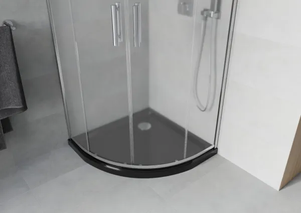 MEXEN/S - Rio štvrťkruhový sprchovací kút 80 x 80, mráz, chróm + vanička so sifónom Flat, čierny 863-080-080-01-30-4170