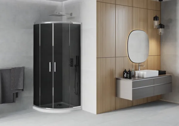 MEXEN/S - Rio štvrťkruhový sprchovací kút 90 x 90, grafit, chróm + vanička so sifónom Flat, biela 863-090-090-01-40-4110