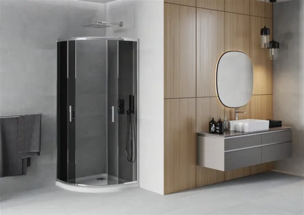 MEXEN/S - Rio štvrťkruhový sprchovací kút 90 x 90, grafit, chróm + vanička so sifónom Flat, biela 863-090-090-01-40-4110