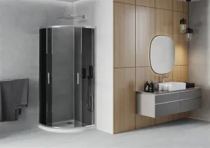 MEXEN/S - Rio štvrťkruhový sprchovací kút 90 x 90, grafit, chróm + vanička so sifónom Flat, biela 863-090-090-01-40-4110
