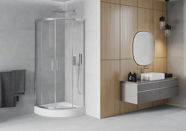 MEXEN/S - Rio štvrťkruhový sprchovací kút 80 x 80, transparent, chróm + vanička Rio 863-080-080-01-00-4710