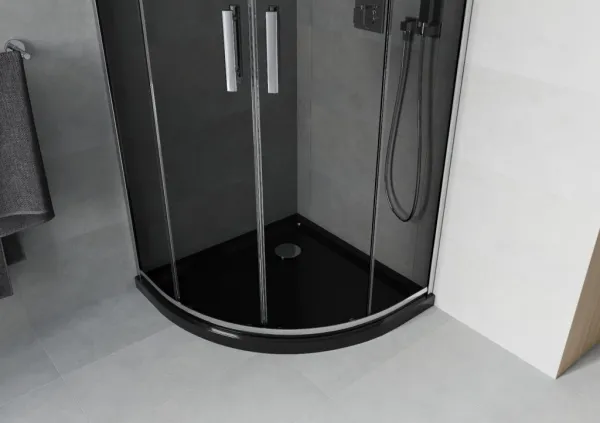 MEXEN/S - Rio štvrťkruhový sprchovací kút 90 x 90, grafit, chróm + vanička so sifónom Flat, čierny 863-090-090-01-40-4170