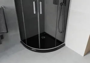 MEXEN/S - Rio štvrťkruhový sprchovací kút 90 x 90, grafit, chróm + vanička so sifónom Flat, čierny 863-090-090-01-40-4170