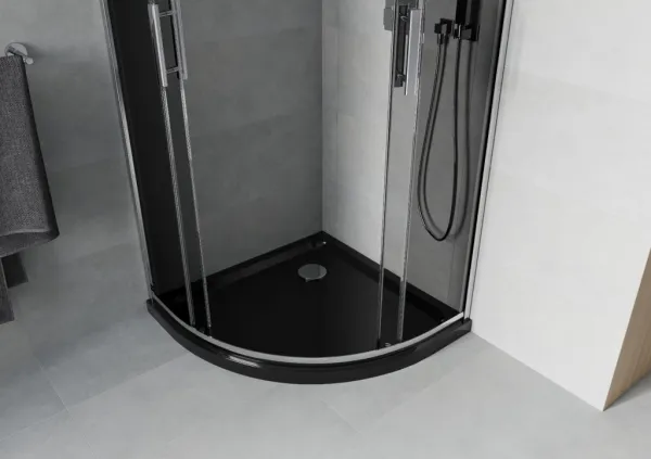 MEXEN/S - Rio štvrťkruhový sprchovací kút 80 x 80, grafit, chróm + vanička so sifónom Flat, čierny 863-080-080-01-40-4170