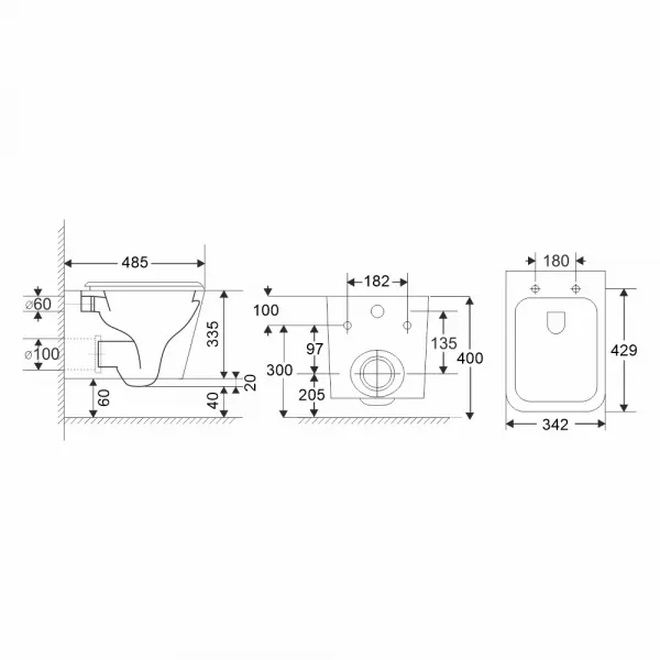 Mereo WC set - Rimless WC hranaté, modul na zamurovanie, biele hranaté tlačidlo MM01SETRB