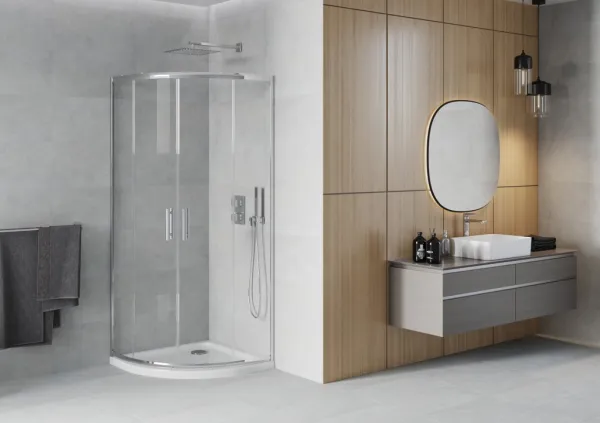 MEXEN/S - Rio štvrťkruhový sprchovací kút 90 x 90, transparent, chróm + vanička so sifónom Flat, biela 863-090-090-01-00-4110
