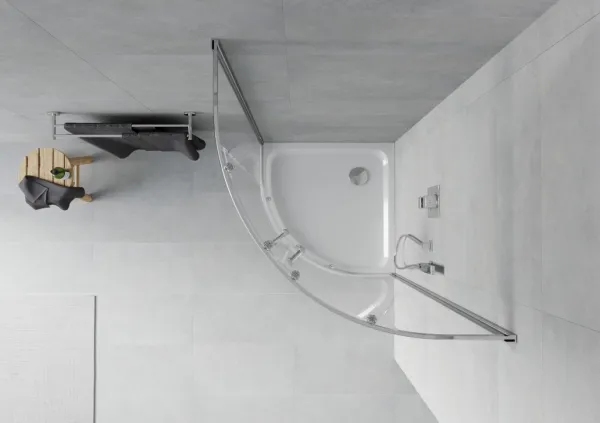 MEXEN/S - Rio štvrťkruhový sprchovací kút 90 x 90, transparent, chróm + vanička so sifónom Flat, biela 863-090-090-01-00-4110
