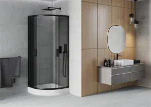 MEXEN/S - Rio sprchovací kút štvrťkruh 90 x 90, grafit, čierny + vanička Rio vrátane výpuste 863-090-090-70-40-4710