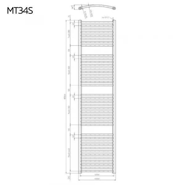 Mereo Vykurovací rebrík, oblý, 450x1850 mm, biely, stredové pripojenie MT34S