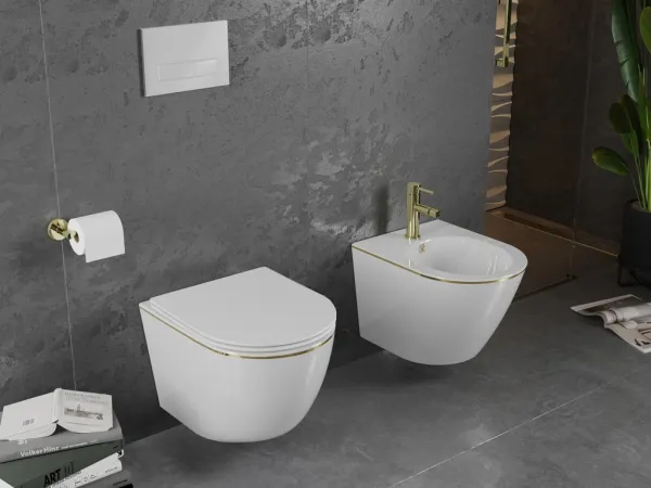 MEXEN - Lena Závesná WC misa vrátane sedátka s slow-slim, duroplast, biela/zlatá linka 30224005