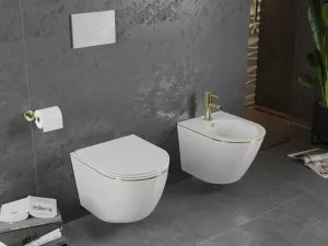 MEXEN - Lena Závesná WC misa vrátane sedátka s slow-slim, duroplast, biela/zlatá linka 30224005