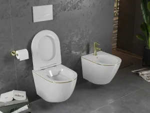 MEXEN - Lena Závesná WC misa vrátane sedátka s slow-slim, duroplast, biela/zlatá linka 30224005