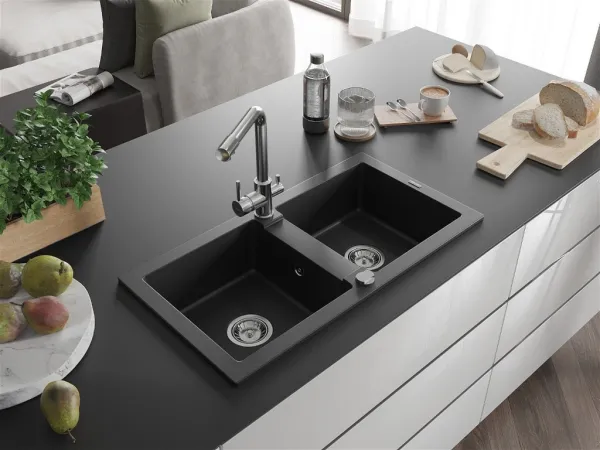 MEXEN/S MEXEN/S - Mario granitový drez 2-bowl vrátane batérie Duero, čierna 6504-77-671600-00