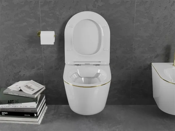 MEXEN - Lena Závesná WC misa vrátane sedátka s slow-slim, duroplast, biela/zlatá linka 30224005