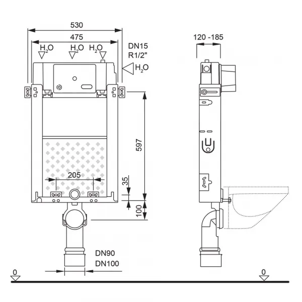 Mereo WC set - Rimless WC hranaté, modul na zamurovanie, biele hranaté tlačidlo MM01SETRB