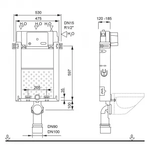 Mereo WC set - Rimless WC hranaté, modul na zamurovanie, biele hranaté tlačidlo MM01SETRB