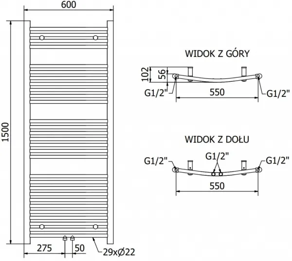 MEXEN - Ares vykurovací rebrík/radiátor 1500 x 600 mm, 733 W, antracit W102-1500-600-00-66