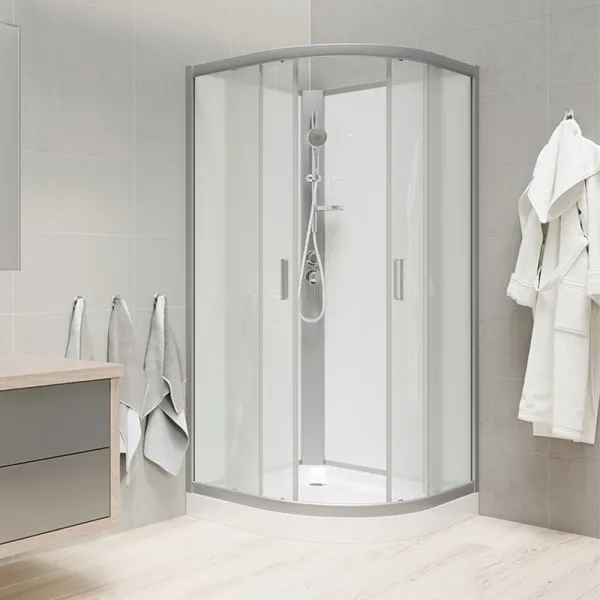 Mereo Sprchový box, štvrťkruh, 90 cm, satin ALU, sklo Point, zadné steny biele, SMC vanička, so strieškou CK35122KBSW