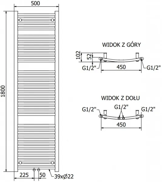 MEXEN - Ares vykurovací rebrík/radiátor 1800 x 500 mm, 647 W, chróm W102-1800-500-00-01