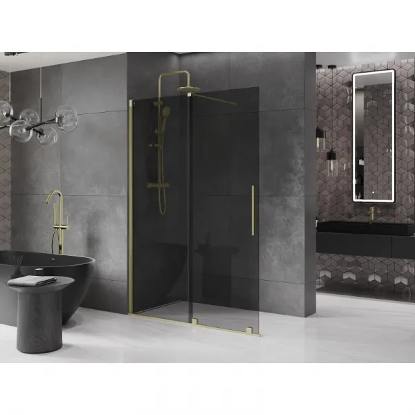 MEXEN/S - Velar Sprchová zástena posuvná Walk-in 140 x 200, grafit 8 mm, zlato kartáčovaná 871-140-000-43-55