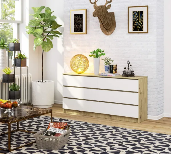 Ak furniture Komoda Kuba 160 cm 6 zásuviek dub artisan/biela