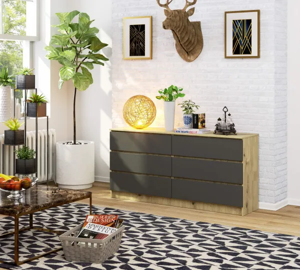 Ak furniture Komoda Kuba 160 cm 6 zásuviek dub artisan/grafit