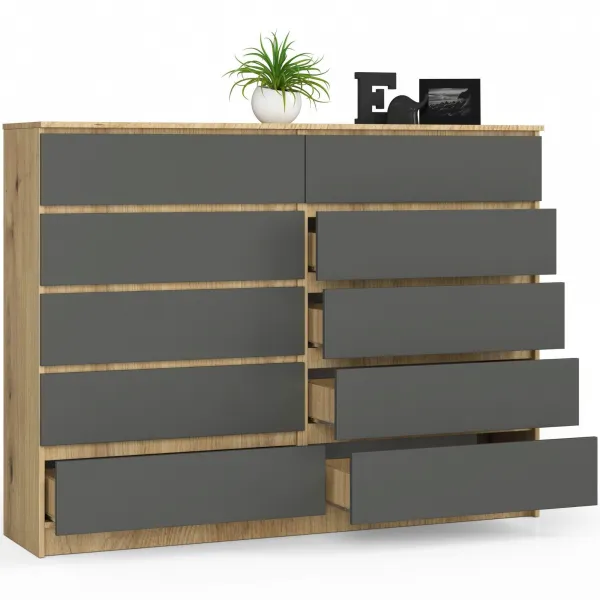 Ak furniture Komoda Kuba 160 cm 10 zásuviek dub artisan/sivá
