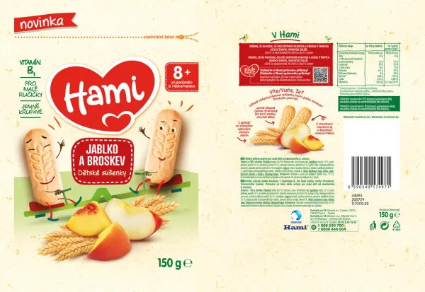 HAMI Sušienky detské jablko a broskyňa 150g, od uk. 8. mesiaca