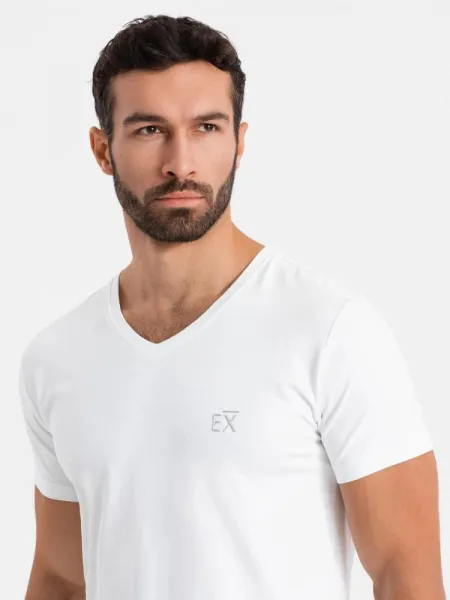 Pánske tričko s krátkym rukávom s V- výstrihom a s logom- biele