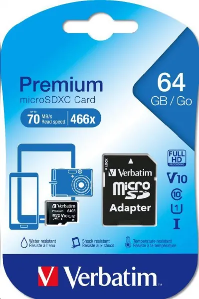 Verbatim paměťová karta Micro Secure Digital Card Premium, 64GB, micro SDXC, 44084, UHS-I U1 (Class 10), s adaptérem