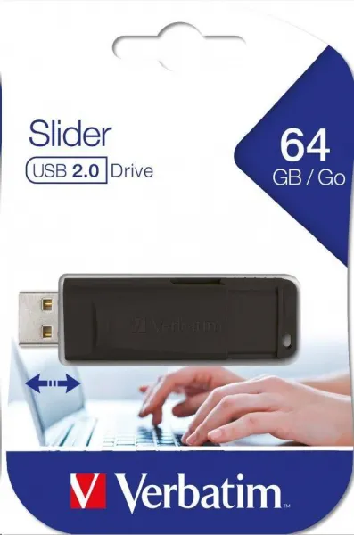Verbatim USB flash disk, USB 2.0, 64GB, Slider, černý, 98698, USB A, s výsuvným konektorem