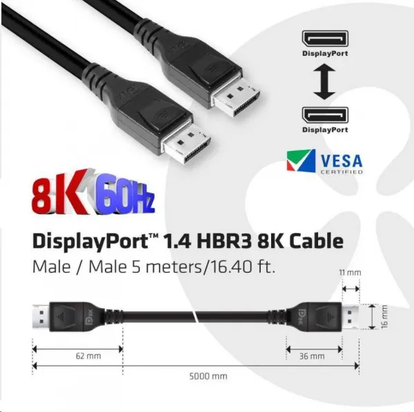 Club 3D Club3D Kabel certifikovaný DisplayPort 1.4, HBR3, 8K60Hz (M/M), 5m, 28 AWG