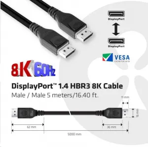 Club 3D Club3D Kabel certifikovaný DisplayPort 1.4, HBR3, 8K60Hz (M/M), 5m, 28 AWG