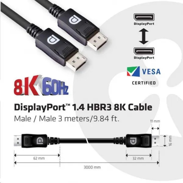 Club3D DisplayPort kábel 1.4, HBR3, 8K60Hz (M/M), 3m