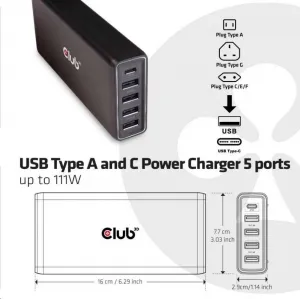 Club 3D Nabíjačka Club3D USB typu A a C, 5 portov, 111 W