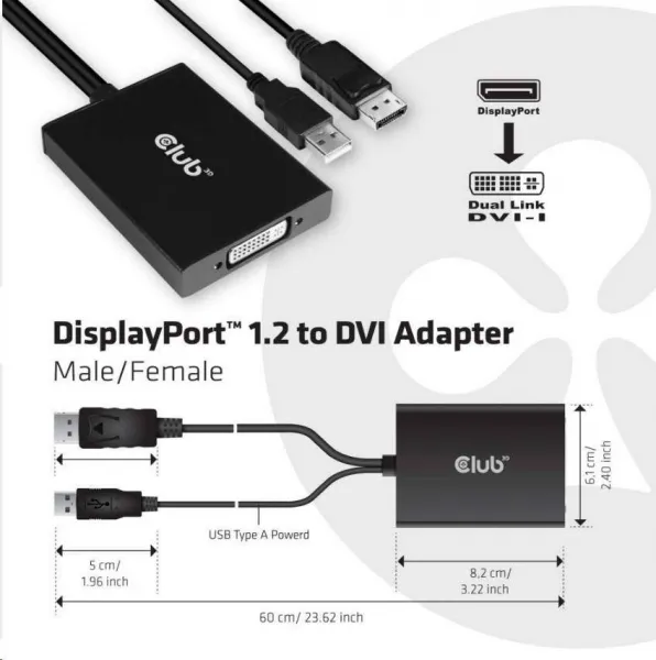 Club 3D Club3D Aktívny adaptér DisplayPort na Dual Link DVI-D, napájanie USB, 60 cm, HDCP ON