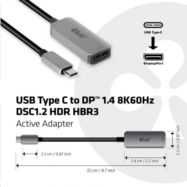 Club 3D Club3D Aktívny adaptér USB-C na DisplayPort 1.4, 8K60Hz DSC1.2 HDR HBR3