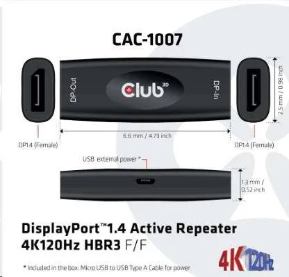 Club3D Active DisplayPort adaptér 1.4 4K120HZ HBR3 (F/F), čierna