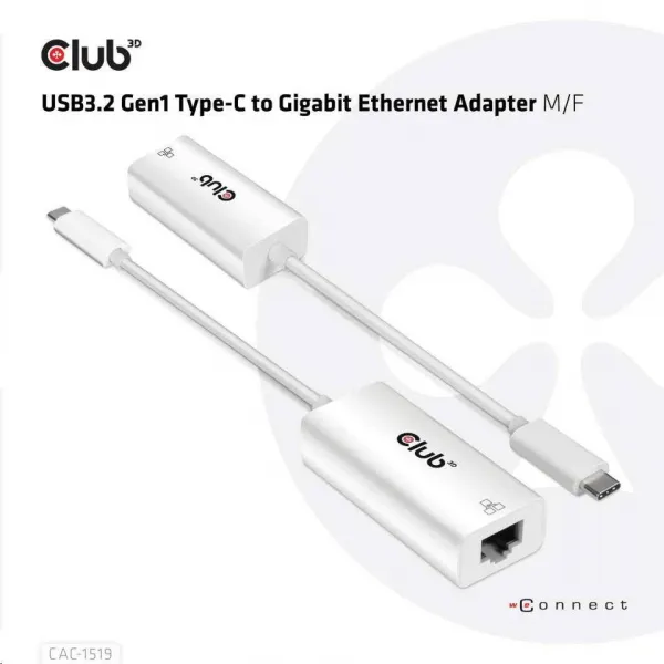 Club 3D Aktívny USB adaptér Club3D 3.2 Typ C na LAN (Gigabit Ethernet - 1Gb), 20 cm