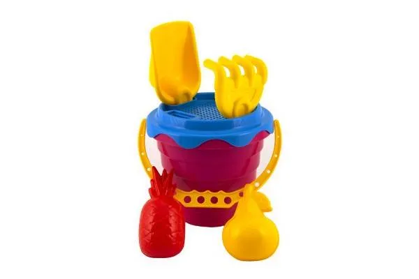 Sada na piesok plast vedro so sitkom 15 x 13cm, lopatka, hrabličky, 2 bábovky 4 farby