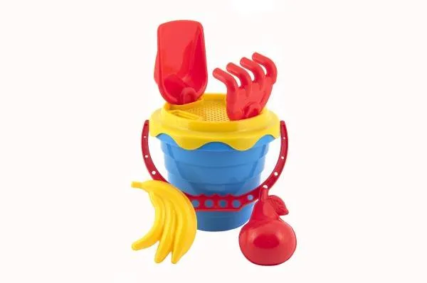Sada na piesok plast vedro so sitkom 15 x 13cm, lopatka, hrabličky, 2 bábovky 4 farby